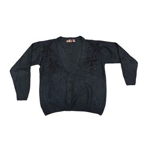 Vintage 90s black floral beaded oversized silk angora and wool blend car…